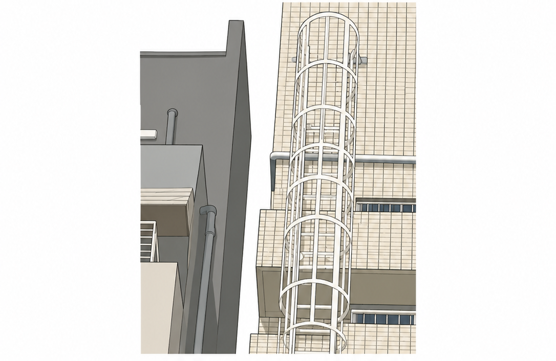 建物側面に設置されたケージ付き二方向避難用のはしご状設備